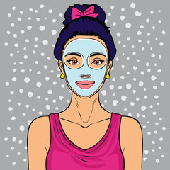 vector Pop art girl with skin face mask with blue background or ladies salon pop art illustration