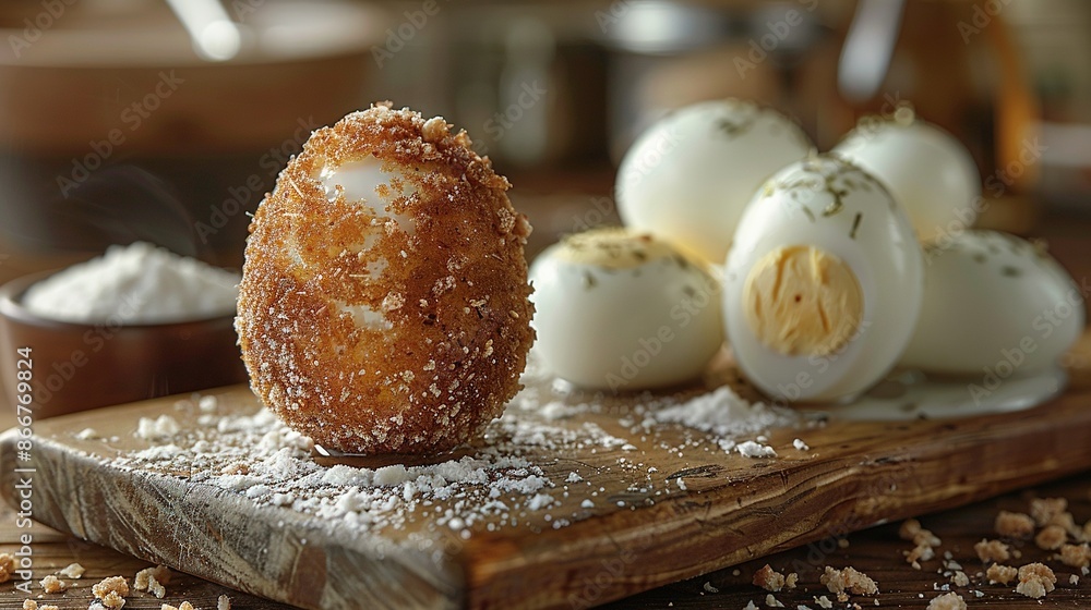 Poster a wooden cutting board with a donut dusted with powdered sugar and an array of hard-boiled eggs