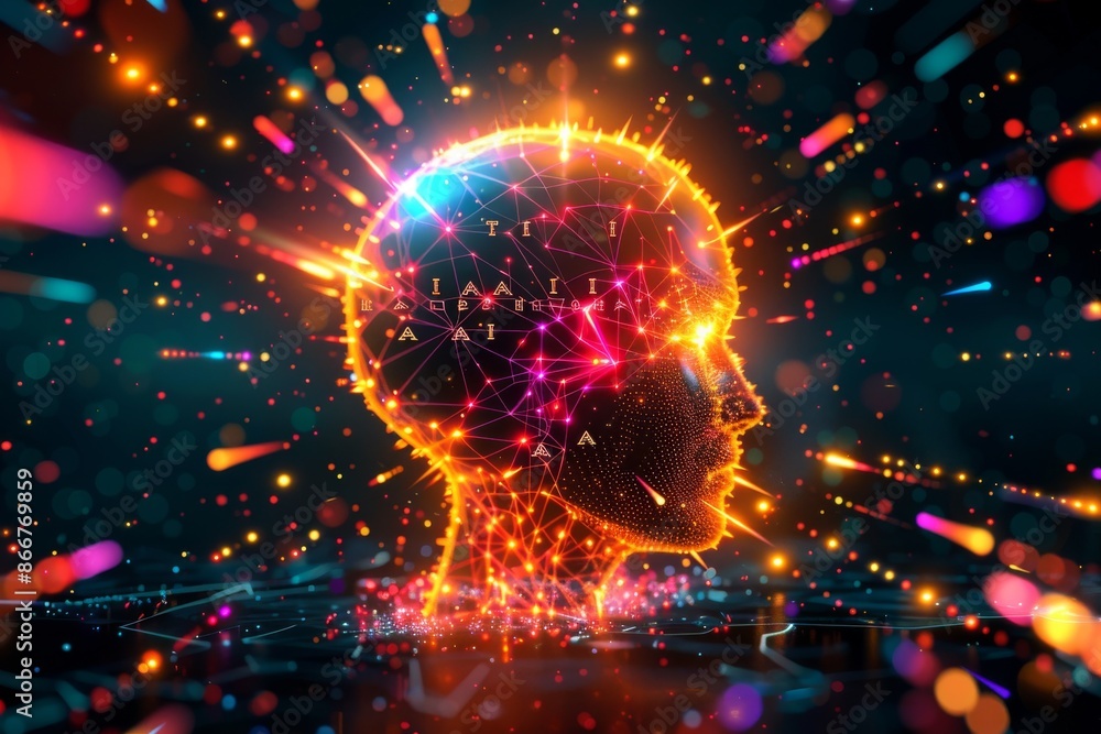 Poster ai brain with data overlay, showcasing advanced artificial intelligence, innovative technology, digi