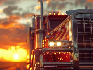 A close-up of a semi truck's front grill driving down the highway at sunset, highlighting its power and strength a reliable workhorse. AI Generative.