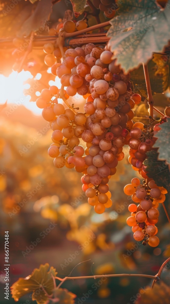 Poster close-up of ripe grapes hanging from a vine, bathed in the warm glow of the setting sun
