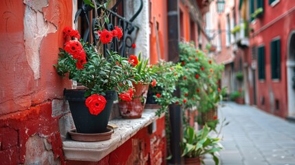 A row of potted plants with red flowers sit on a brick walkway. Generate AI image