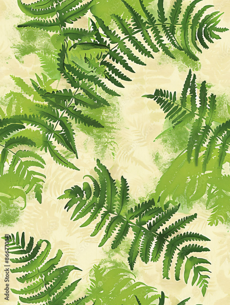 Poster nature-inspired design: seamless pattern featuring green fern leaves on a light background