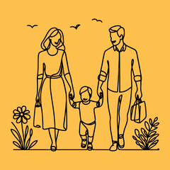 Happy family in continuous line art drawing style.