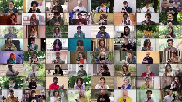 display featuring 64 individuals from different ethnic backgrounds, including a majority of Caucasians and several Africans, all engaged in texting on their smartphones.