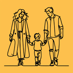 Happy family in continuous line art drawing style.