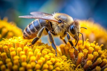 A macro shot of a bee's pollen baskets, also known as corbiculae, filled with bright yellow pollen grains, attached to hairy legs, surrounded by soft focus flowers.