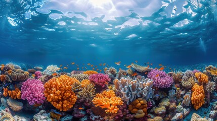 Fototapeta premium Vibrant underwater coral reef scene with colorful marine life, showcasing the beauty of underwater ecosystems under a bright sunlit sky.