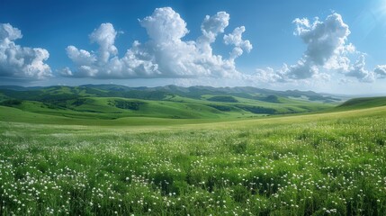 Scenic view of a lush green meadow with wildflowers under a bright blue sky filled with fluffy white clouds.