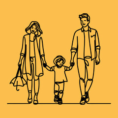 Happy family in continuous line art drawing style.