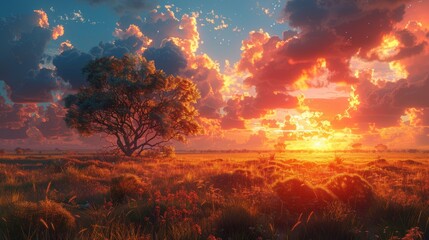 Naklejka premium Stunning landscape showcases a colorful sunset over a serene field with a solitary tree, creating a tranquil and mesmerizing scene.