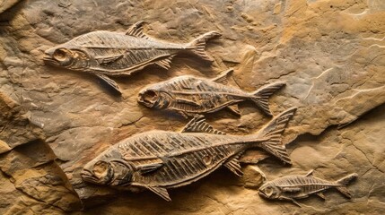 Fish fossils in sedimentary rock from Tertiary Cenozoic era 50 million years ago
