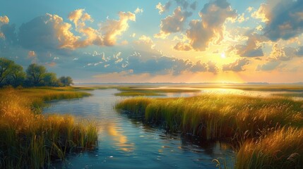 Stunning sunset over a serene marshland with vibrant colors, reflecting clouds and lush grass. Perfect for nature and landscape themes.