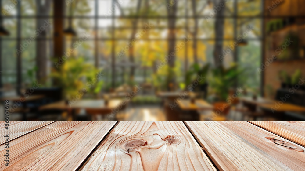 Poster table set against a soft-focus coffee shop background featuring a window view of greenery, ample spa