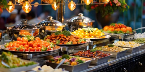 Fototapeta premium Food Celebration. Buffet Brunch: Wide Choice of Asian Cuisine Dishes at Dining Party