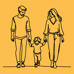 Happy family in continuous line art drawing style.
