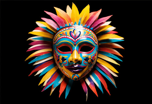 a colorful hispanic traditional mask with feathers on a black background