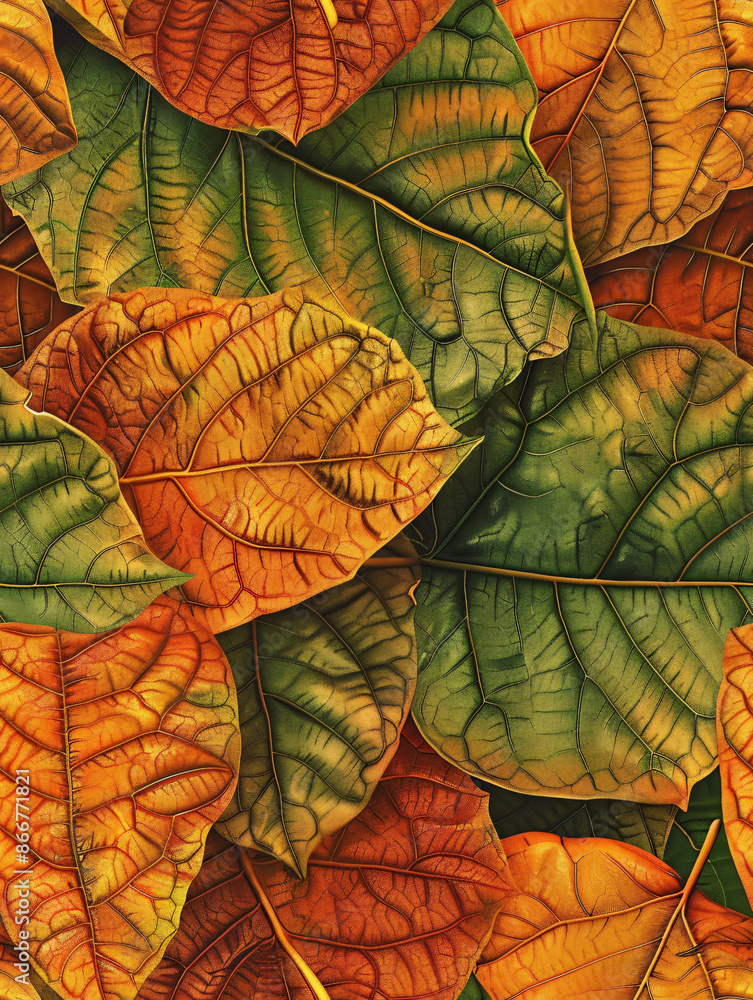 Poster overlapping array of autumn leaves in vibrant shades of orange and green, forming a beautiful natura