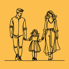 Happy family in continuous line art drawing style.