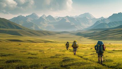  Hikers Traversing a Vast Grassland