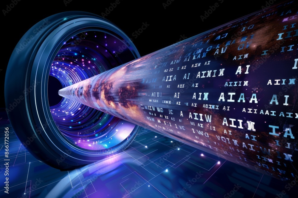 Poster ai data stream visualization, showcasing advanced technology, artificial intelligence, high tech dig