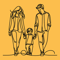 Happy family in continuous line art drawing style.