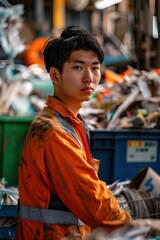 Fototapeta premium Portrait of a Japanese employee preparing materials for recycling, high quality photo, photorealistic, precise action, bright environment