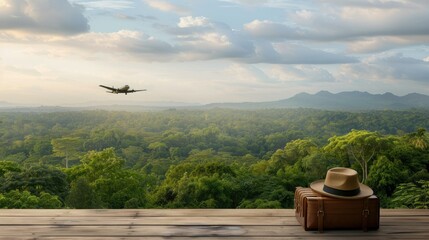 Awaiting Takeoff: A Scenic View of Tropical Rainforest With an Airplane in Flight