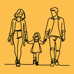 Happy family in continuous line art drawing style.