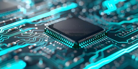 Computer chip on circuit board with blue lights green glow and black square. Concept Technology, Computer Hardware, Circuit Board, LEDs, Innovation