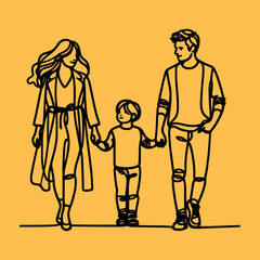 Happy family in continuous line art drawing style.