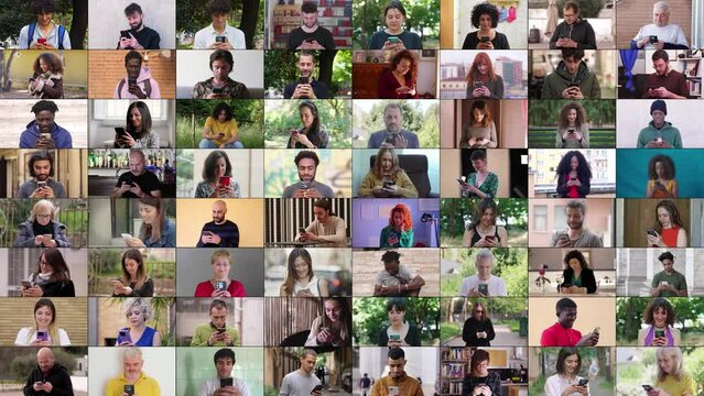 A multiscreen display featuring 64 individuals of different ages and ethnicities, all engaged in various smartphone activities such as messaging, scrolling, and using social networks. The display high