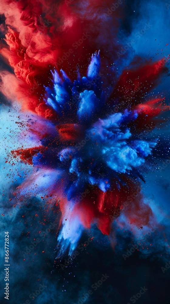 Poster vibrant red and blue powder paint bursts against black backdrop, creating dynamic abstract cloud of 