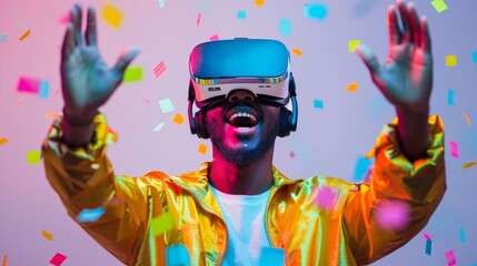 Design an image featuring a man wearing a VR headset, showing immersion and excitement in virtual reality