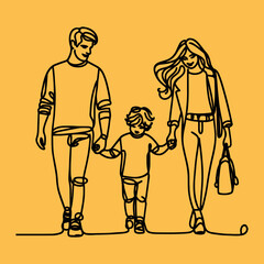 Happy family in continuous line art drawing style.