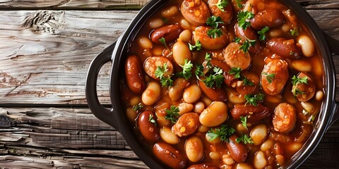 Closeup of pot with homemade beans and franks garnished with fresh herbs. Concept Cooking, Food Photography, Homemade Recipes, Comfort Food, Culinary Art