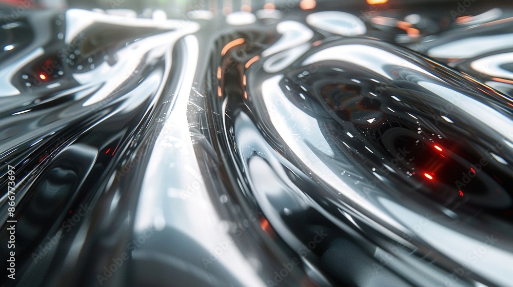 Poster a detailed view of a polished surface featuring a radiant light source at its center with a fuzzy su