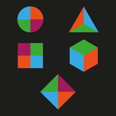 Colorful geometric shapes. Bright quadrants. Black background. Vector illustration.