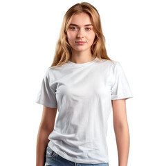 caucasian woman standing in a white t-shirt mockup isolated on transparent background