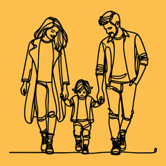 Happy family in continuous line art drawing style.