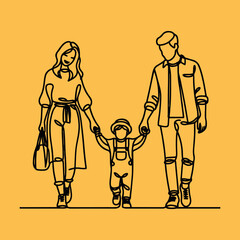 Happy family in continuous line art drawing style.