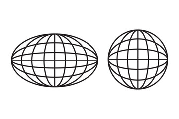 Globe grid icons. Elliptical and round shapes. Black line design. Isolated vector illustration.