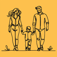 Happy family in continuous line art drawing style.