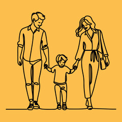 Happy family in continuous line art drawing style.