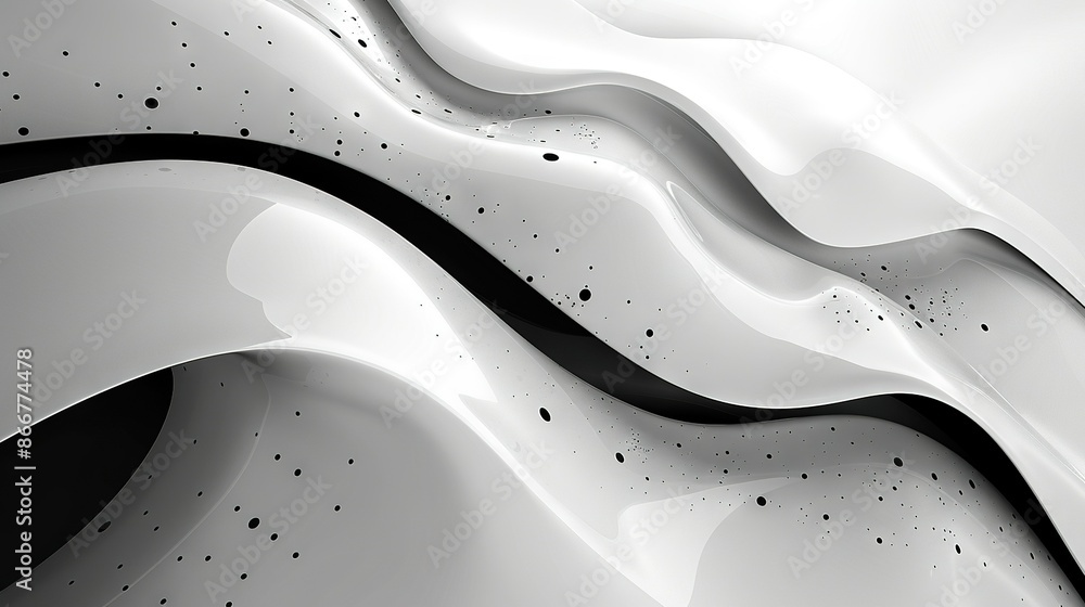 Poster a black and white abstract background with swirls and dots on the bottom