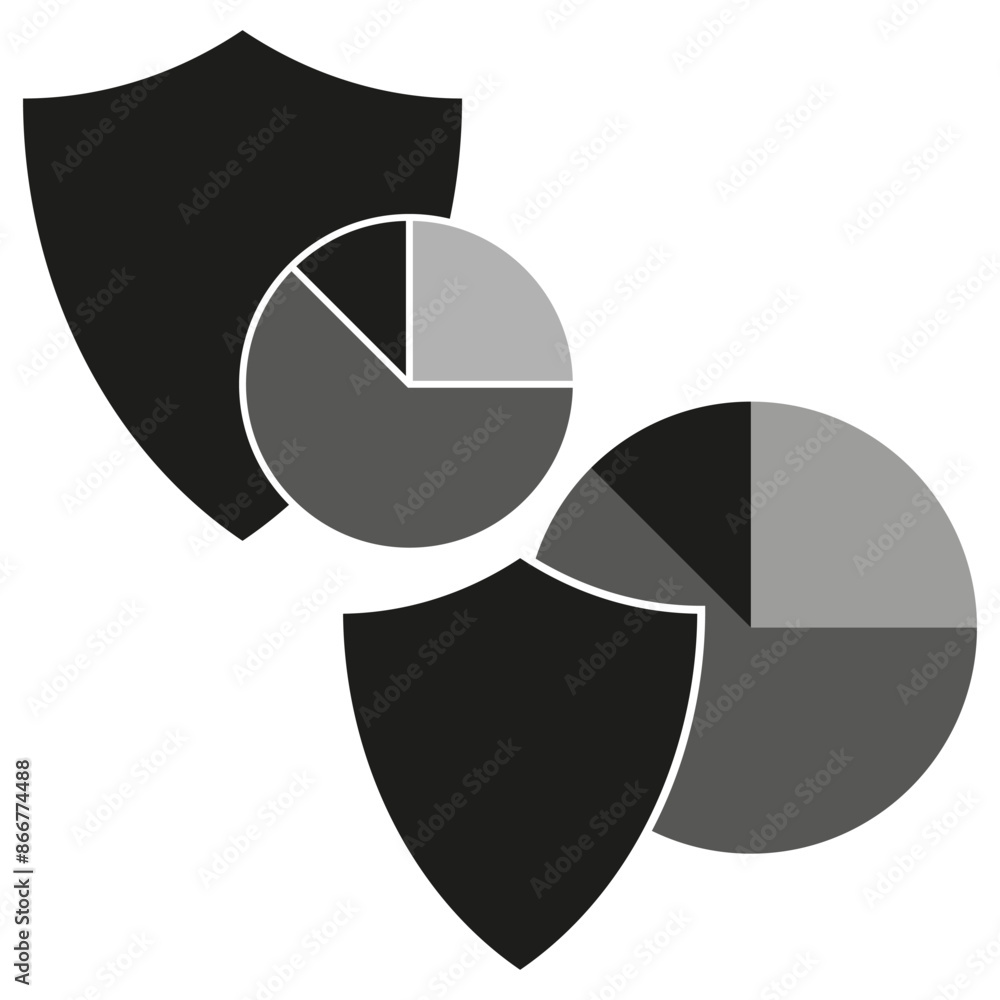 Poster shield and pie chart. security and data icon. black and white vector. protection symbol.