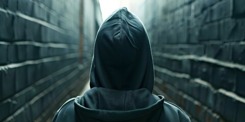 Naklejka premium Man in hood follows person in dark alley potential crime scene. Concept Suspenseful Story, Mystery Plot, Criminal Intent, Thrilling Encounter, Criminal Investigation