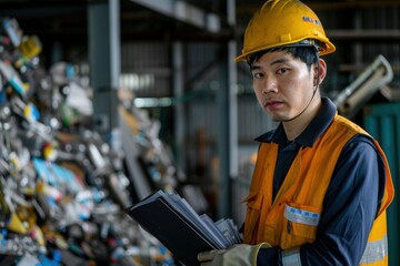 Portrait of a Japanese technician monitoring recycling machinery, high quality photo, photorealistic, focused expression, well-lit setting