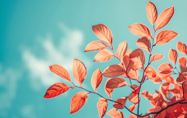Obraz premium Close-up of red leaves against blue sky background. Natural autumn background. Fall season concept. Minimalistic composition