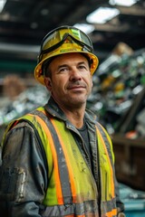 Fototapeta premium Portrait of an American worker wearing safety gear at a recycling facility, high quality photo, photorealistic, studio lighting, bright environment